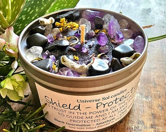 Beschermingskaars: zwarte toermalijn, amethist, bloemige houtachtige geur | Schild: bescherming