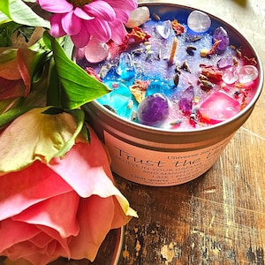 Trust the Universe: Rose Quartz, Amethyst Crystal Candle, Floral Citrus Scented Soy Wax | Spiritual Gift image 2