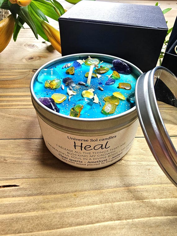 HEAL Crystal Candle – Amber, Amethyst, Clear Quartz, Soy Wax, healing crystals | Spiritual gifts ,rich woods & floral