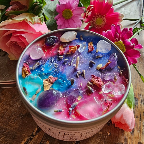 TRUST THE UNIVERSE  - manifestation candle. Aromatherapy crystal candle with Rose Quartz, Amethyst & floral, citrus scent | Spiritual Gift