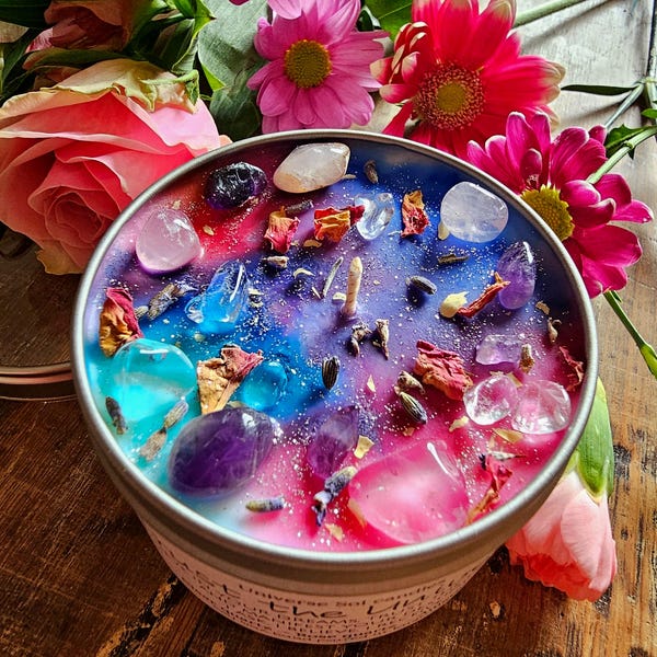 Trust the Universe: Rose Quartz, Amethyst Crystal Candle, Floral Citrus Scented Soy Wax | Spiritual Gift