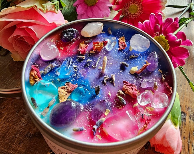 Trust the Universe: Rose Quartz, Amethyst Crystal Candle, Floral Citrus Scented Soy Wax | Spiritual Gift