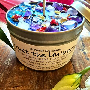 Trust the Universe: Rose Quartz, Amethyst Crystal Candle, Floral Citrus Scented Soy Wax | Spiritual Gift image 8
