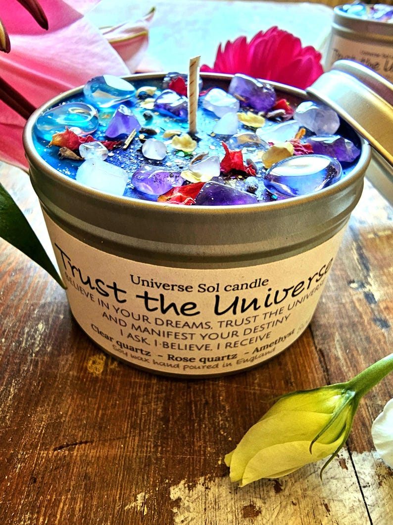 Trust the Universe: Rose Quartz, Amethyst Crystal Candle, Floral Citrus Scented Soy Wax | Spiritual Gift image 8