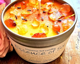 Manifestation Candle: Citrine & Carnelian Crystals, Floral Fruity Scent, Energy | Essence of Sol
