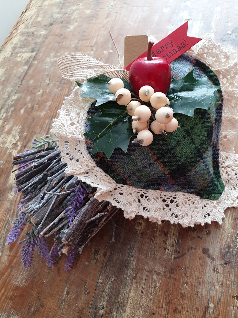 Christmas Lavander Heart in Harris Tweed with apple and white berries