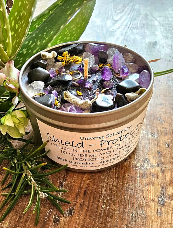 SHIELD-PROTECTION - manifestation candle. Aromatherapy crystal candle with Black Tourmaline, Amethyst & floral, woody scent | Spiritual Gift