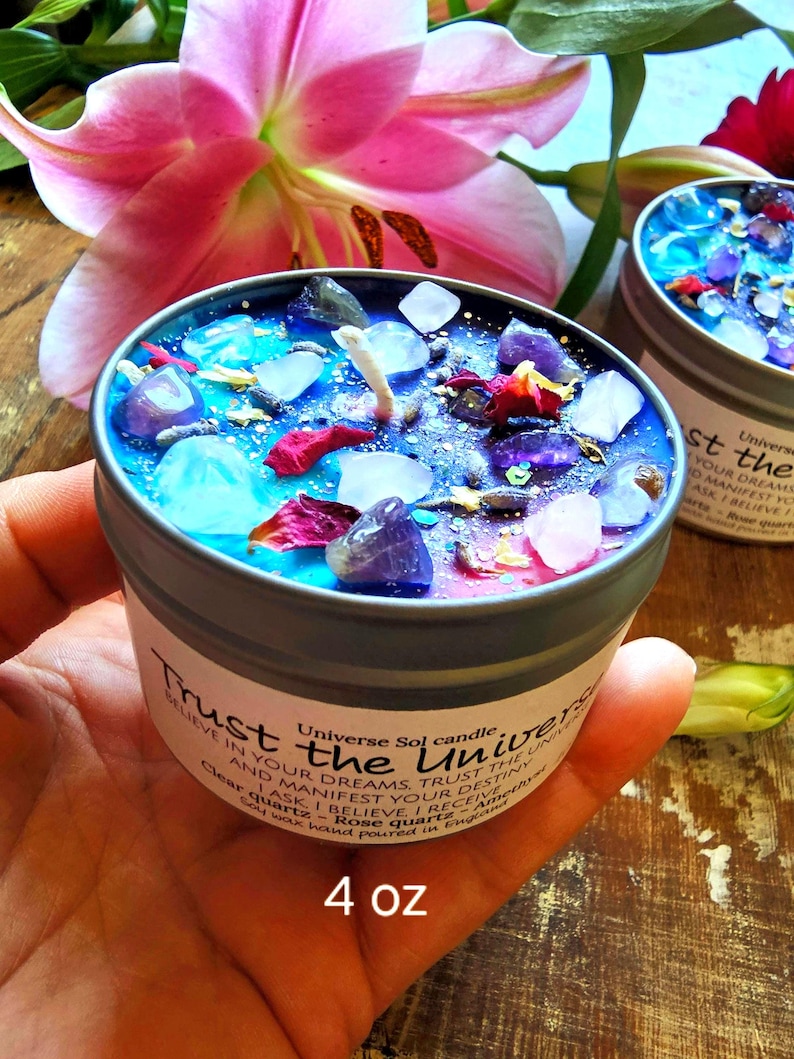 Trust the Universe: Rose Quartz, Amethyst Crystal Candle, Floral Citrus Scented Soy Wax | Spiritual Gift image 7