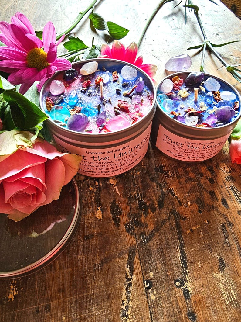 Trust the Universe: Rose Quartz, Amethyst Crystal Candle, Floral Citrus Scented Soy Wax | Spiritual Gift image 4