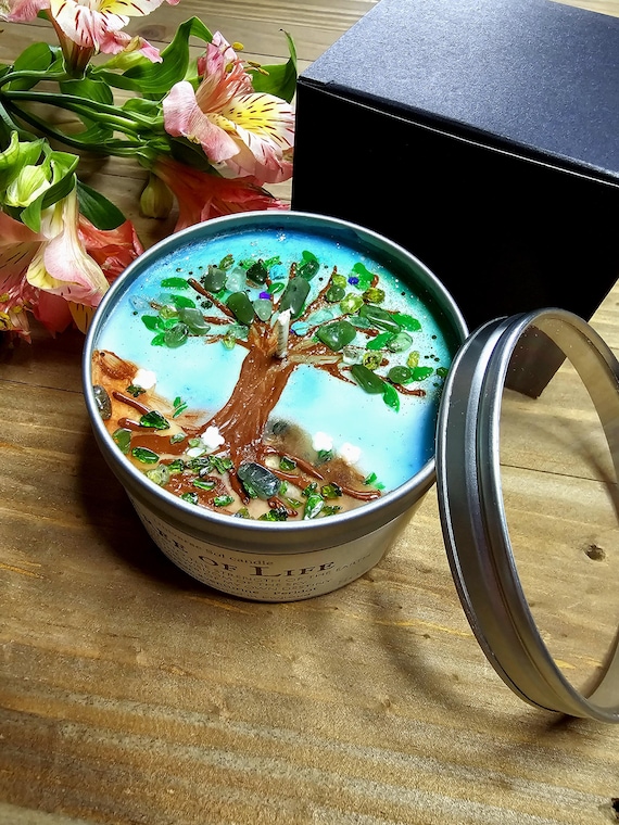TREE OF LIFE - Manifestation Candle with Crystals | Resilience, Growth Mindset, Spiritual Gift, Law of Attraction, Fruity & Creamy Scent