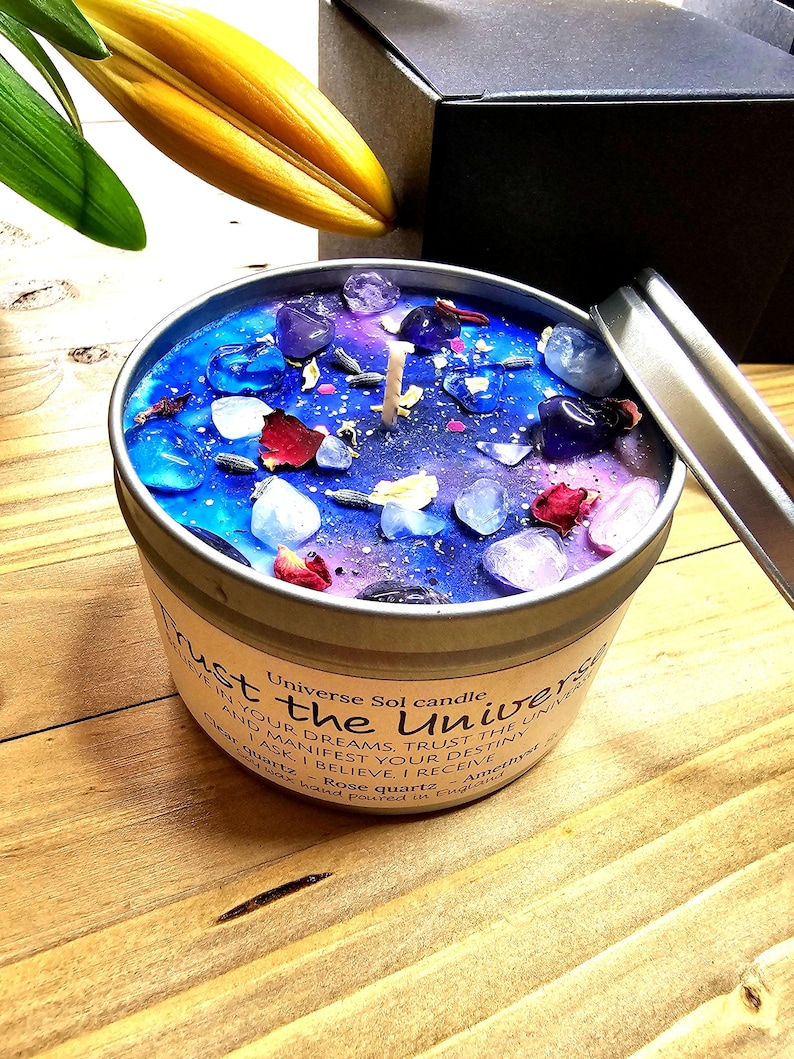 Trust the Universe: Rose Quartz, Amethyst Crystal Candle, Floral Citrus Scented Soy Wax | Spiritual Gift image 14