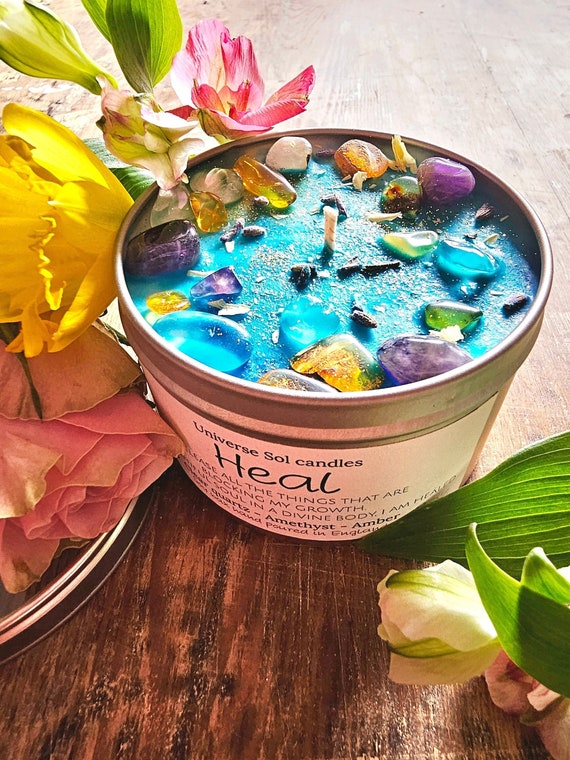 HEAL - manifestation candle. Aromatherapy crystal candle with Amber, Amethyst, Clear quartz crystals & woody, floral scent | Spiritual Gift