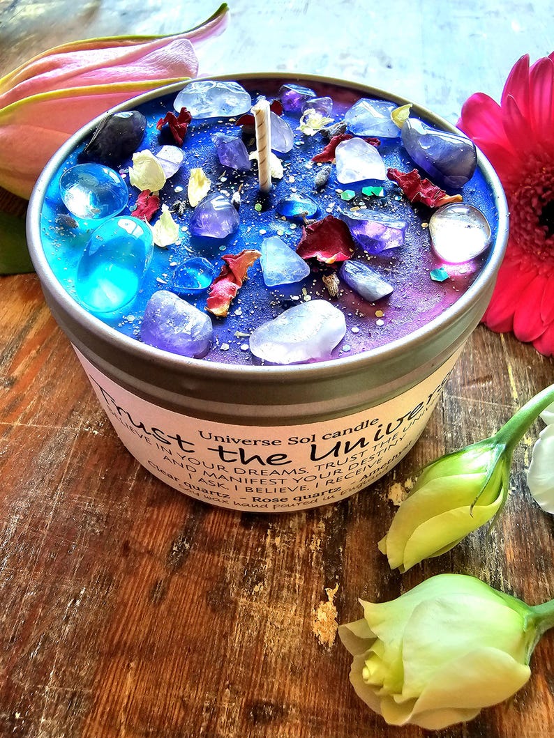 Trust the Universe: Rose Quartz, Amethyst Crystal Candle, Floral Citrus Scented Soy Wax | Spiritual Gift image 3