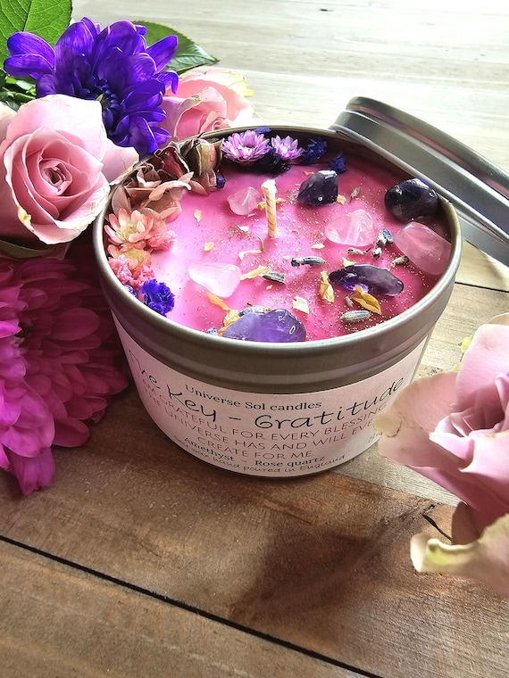 Gratitude Crystal Candle: Rose Quartz, Amethyst, Floral Scent | The Key - Gratitude