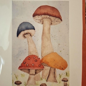 Cartão comemorativo em aquarela com cogumelo. Cartão ilustrado em branco, feito à mão. Cartão de aniversário. Cartão em branco.