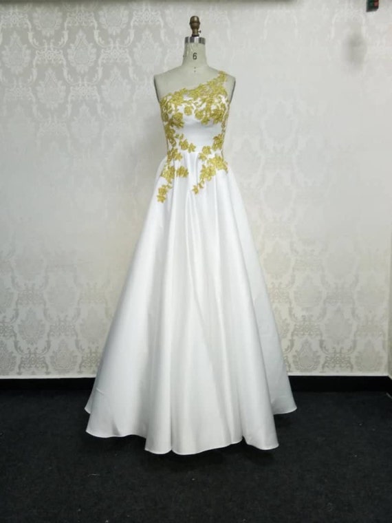 Corset Wedding Dress With Gold Appliques And Detachable Train Etsy