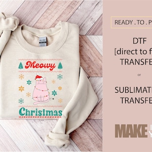 Christmas Meowy Pink Cat Holiday | DTF TRANSFER | SUBLIMATION | Ready To Press | Christmas Retro| Christmas T-shirt Transfer