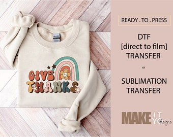 Give Thanks Fall Thanksgiving Rainbow Daisies | DTF TRANSFER | SUBLIMATION | Boho retro Thanksgiving | Ready To Press T-shirt Transfer
