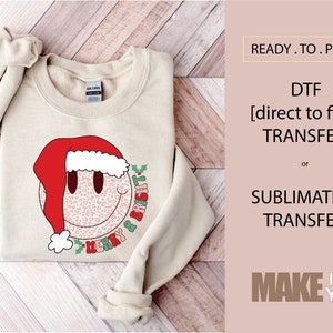 Smiley Face Merry and Bright  Christmas Holiday | DTF TRANSFER | SUBLIMATION | Ready To Press | Christmas Tshirt Transfer