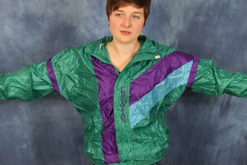 Vintage 80s 90s Color Block Windbreaker Casual Creations Green Blue Purple Workout Sport Athletic Active