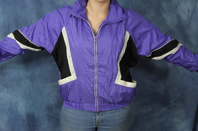 Vintage 90s Milano Sport Windbreaker Jacket Purple Black Color Block Active Athletic Workout Sport