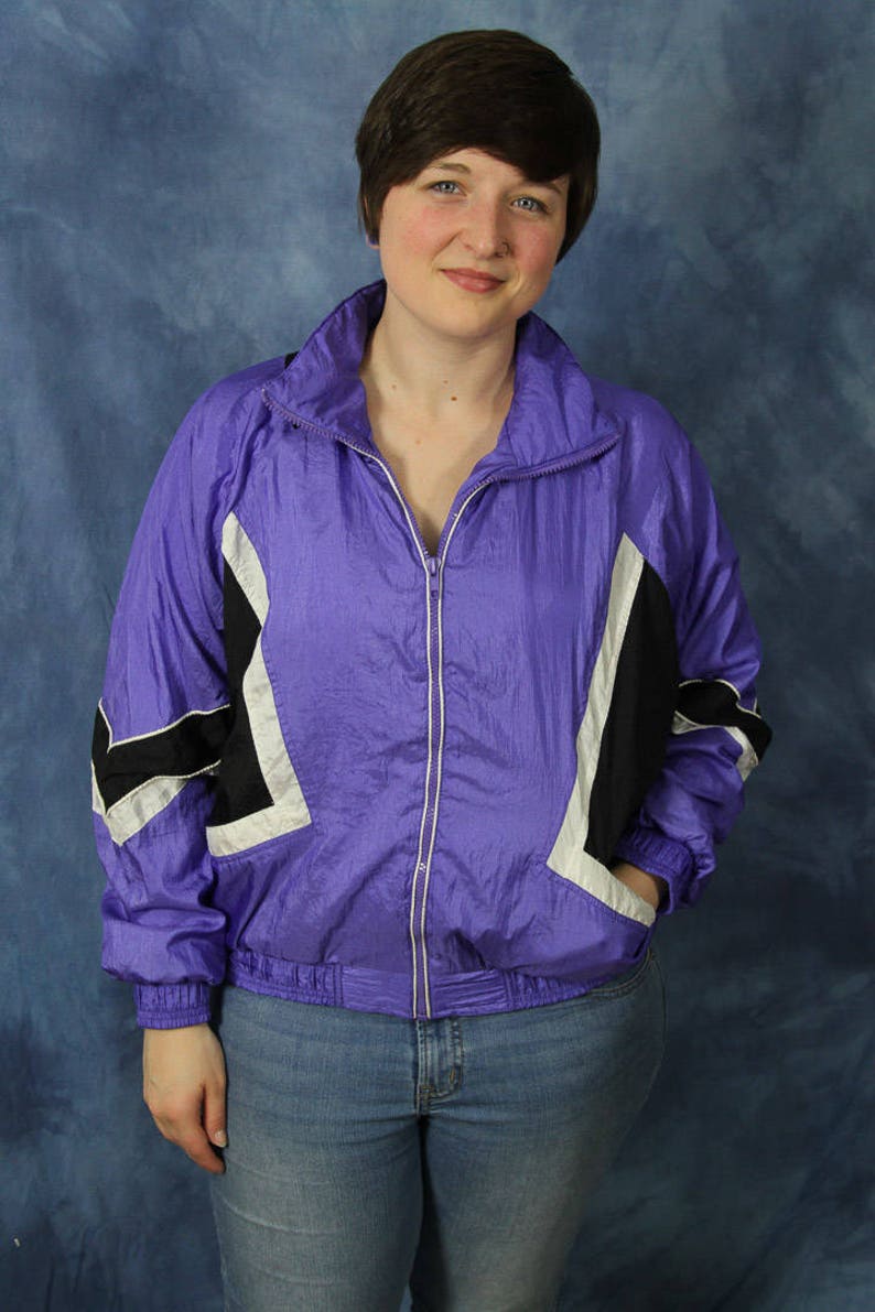 Vintage 90s Milano Sport Windbreaker Jacket Purple Black Color Block Active Athletic Workout Sport