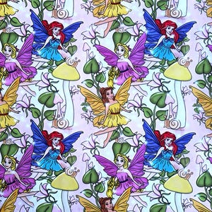 May include: A repeating pattern featuring fairies with colorful wings and dresses in yellow, blue, and purple. The design includes mushrooms, flowers, and snails on a light pink background. The fairies are in various poses.