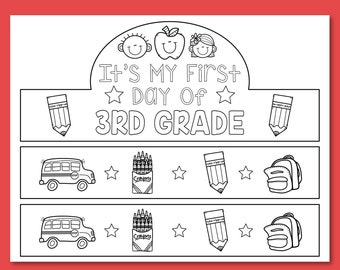 May include: Black and white printable crown for a first day of school celebration. The crown says "It's My First Day of 3rd Grade" and has a school bus, crayons, pencil, and backpack images.