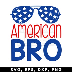 Puede incluir: Un diseño gráfico rojo y azul con el texto "American Bro" y unas gafas de sol con estrellas blancas sobre un fondo azul.