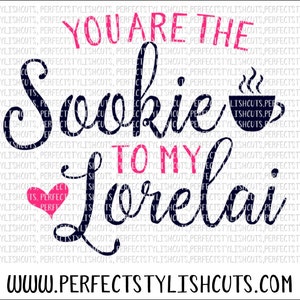 May include: A black and pink graphic design with the text "You are the sookie to my Lorelai" and a small pink heart. The graphic also includes a black and white illustration of a coffee cup with steam coming from it.