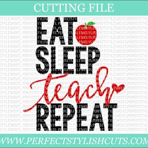 Puede incluir: Diseño gráfico en negro y rojo con el texto "Comer, dormir, enseñar, repetir" y una manzana roja y un corazón.