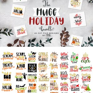 Puede incluir: Una colecci&oacute;n de 40 dise&ntilde;os de archivos de corte con temas navide&ntilde;os. Los dise&ntilde;os presentan frases para Halloween, Acci&oacute;n de Gracias y Navidad, en varios colores y fuentes. Las palabras incluyen "Happy Halloween", "Trick or Treat" y "Best Gift Ever".