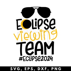 Puede incluir: Diseño gráfico en negro y amarillo con el texto "Eclipse viewing team #Eclipse2024". El gráfico incluye unas gafas de sol con un eclipse amarillo en el centro de las lentes.