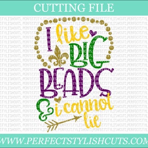 May include: A gold, green, purple, and yellow graphic design with the text "I like big beads & I cannot lie" and a fleur-de-lis symbol. The design is surrounded by a circle of gold beads.