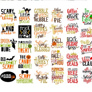 Puede incluir: Una colecci&oacute;n de dise&ntilde;os de texto coloridos y festivos para Halloween y Navidad. Los dise&ntilde;os presentan frases como "Trick or Treat", "Happy Halloween" y "Cookies for Santa", en varias fuentes y estilos.