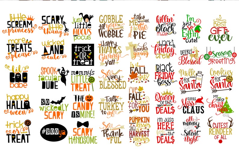 Puede incluir: Una colecci&oacute;n de dise&ntilde;os de texto coloridos y festivos para Halloween y Navidad. Los dise&ntilde;os presentan frases como "Trick or Treat", "Happy Halloween" y "Cookies for Santa", en varias fuentes y estilos.
