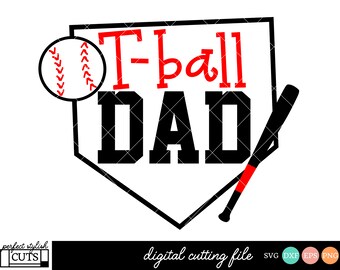 Puede incluir: Diseño gráfico en negro y rojo para un papá de béisbol. El diseño incluye una pelota de béisbol, un bate de béisbol y las palabras "T-ball Dad" en forma de diamante de béisbol. Las palabras "digital cutting file" están en la parte inferior.