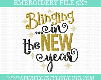 New Years Embroidery Design -Blinging In The New Year, 5x7 Embroidery File, 2018 Embroidery, Machine Embroidery Designs, PES Files