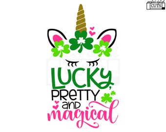 Unicorn Svg, Lucky, Pretty and Magical Svg - St Patricks Day SVG, DXF, PNG, Eps Files for Cameo or Cricut - Lucky Svg, Unicorn Face Svg