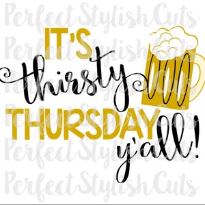 Può includere: È giovedì di sete, gente! Una grafica in nero e oro con una boccale di birra e testo.