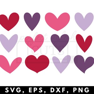 May include: Set of 10 heart shapes in various shades of pink, purple, and red. The hearts are all the same size and are arranged in a grid pattern.
