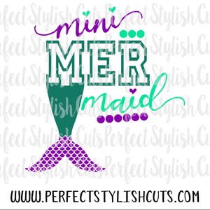May include: A teal mermaid tail with purple scales and the text "mini mer maid" in white and green lettering with hearts and dots.