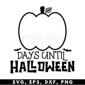 May include: Black and white graphic design of a pumpkin with a leaf on top and bats on either side. The text "Days Until Halloween" is below the pumpkin.