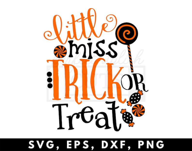 Puede incluir: Dise&ntilde;o de Halloween en negro y naranja con el texto "little miss trick or treat" y una piruleta con un dise&ntilde;o de espiral.