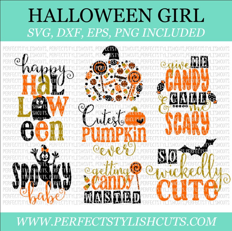 Peut inclure: Un ensemble de six fichiers de d&eacute;coupe num&eacute;riques sur le th&egrave;me d'Halloween avec diff&eacute;rentes phrases et motifs. Les motifs comprennent "Happy Halloween", "Cutest Pumpkin Ever", "Give Me Candy & Call Me Scary", "Spook Babe", "Getting Candy Wasted", et "So Wickedly Cute".
