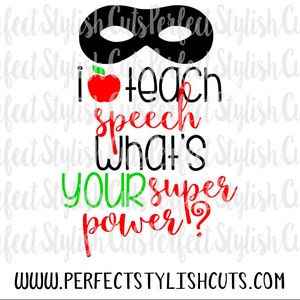 Op de afbeelding: Een zwart en rood grafisch ontwerp met een superheldenmasker, een appel en de tekst "Ik geef spraakles, wat is jouw superkracht?" De tekst "WWW.PERFECTSTYLISHCUTS.COM" staat onderaan het ontwerp.