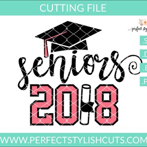 May include: Black and pink graduation design with the text "Seniors 2018" and a graduation cap.