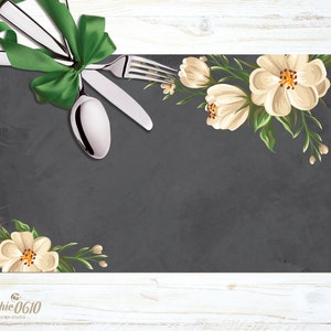 Printable placemat in chalked blackboard with elegant white flowers, valentine placemat, wedding placemat, Instant download image 3