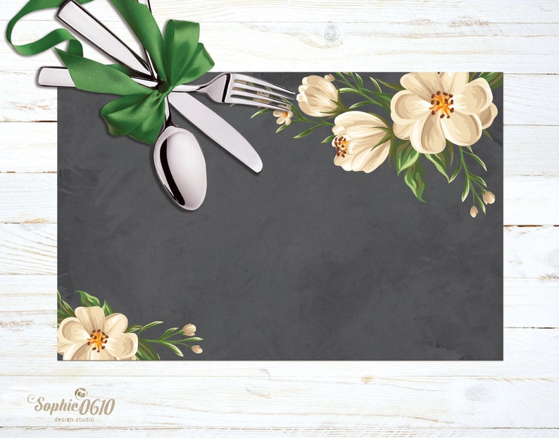 Printable placemat in chalked blackboard with elegant white flowers, valentine placemat, wedding placemat, Instant download image 3