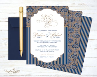 Printable monogram elegant blue gold wedding Invitation with damask and stripes, digital files